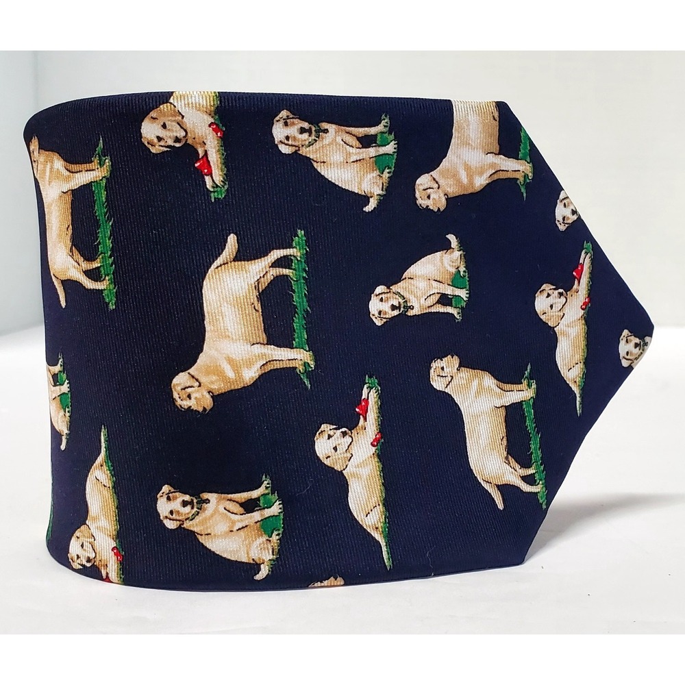 Allyn Neckwear Necktie Yellow Labrador Retriever Posing on Grass Navy Background